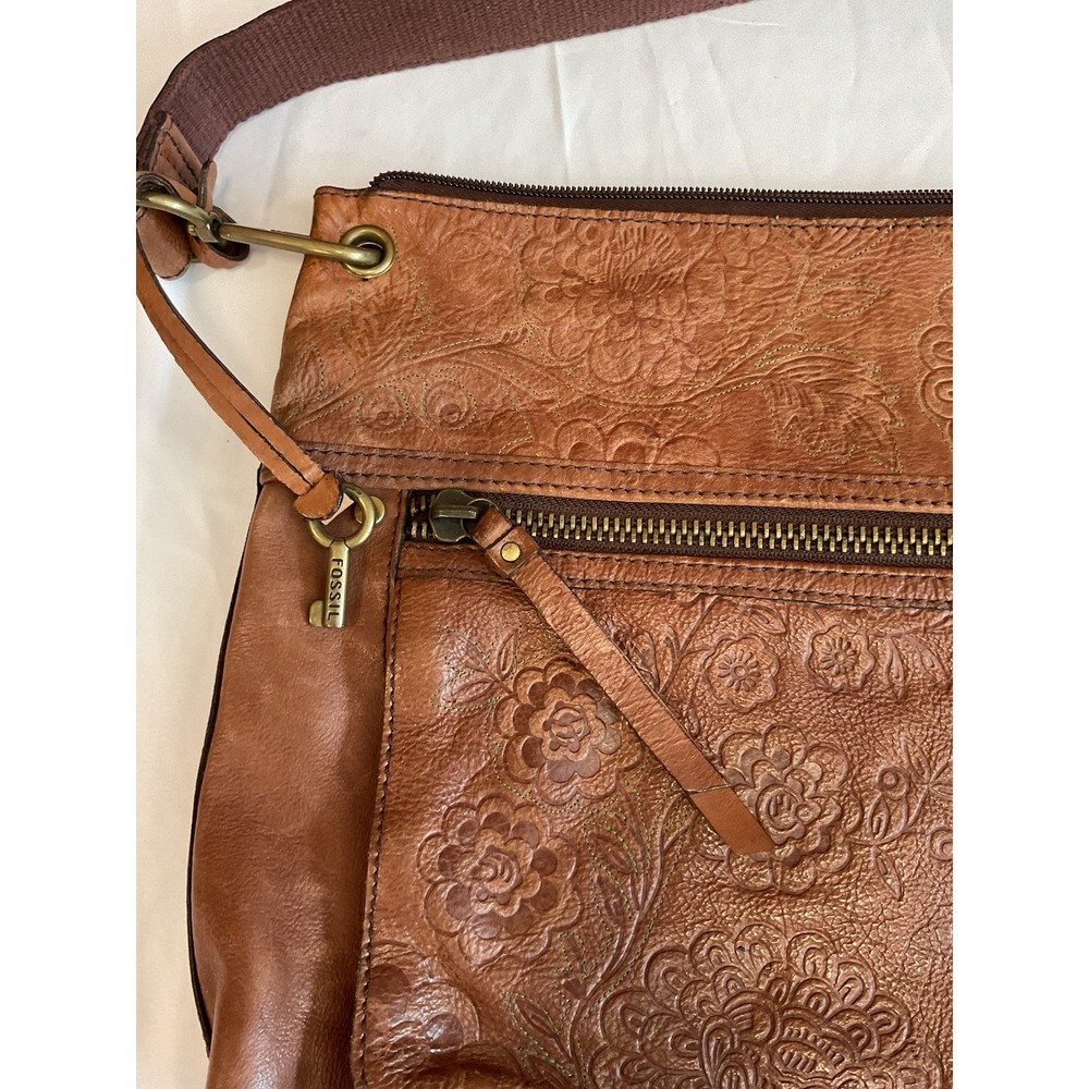 FOSSIL Sasha Floral Tooled Stitched British Tan Leather Crossbody Bag